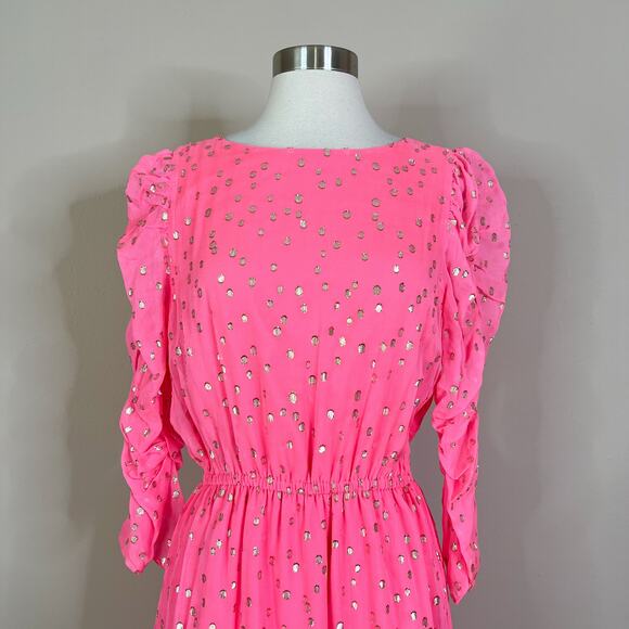 Lilly Pulitzer | Silk Chianna Coral Sands Pink Gold Polka Dot Puff Sleeve Dress - Picture 3 of 10